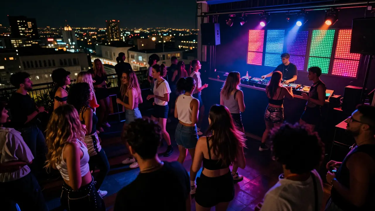 A lively gay club dance floor with pulsing lights and diverse crowd moving to music under a rooftop skyline.