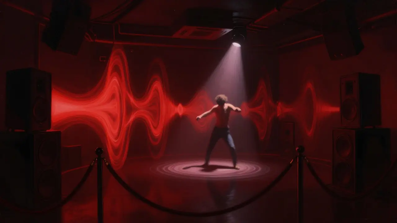 A lone dancer in a dim underground club, surrounded by deep bass vibrations and shadowy figures.