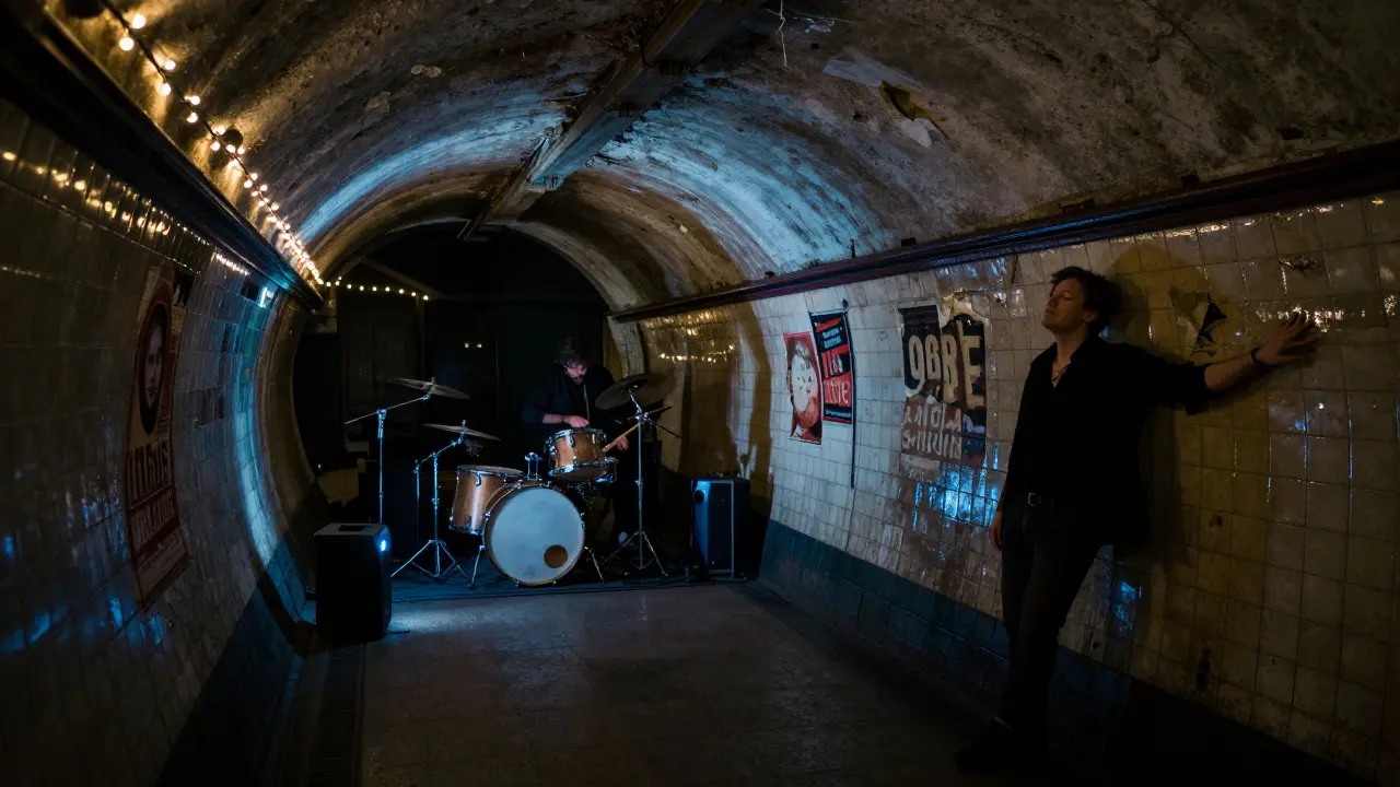 A lone person feels the vibration of live music echoing in a dim, abandoned Tube tunnel.