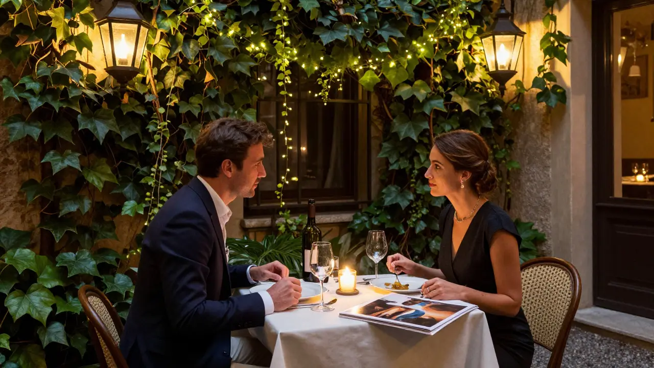 A man and woman enjoy a quiet dinner in a Brera courtyard, surrounded by candlelight and art books.