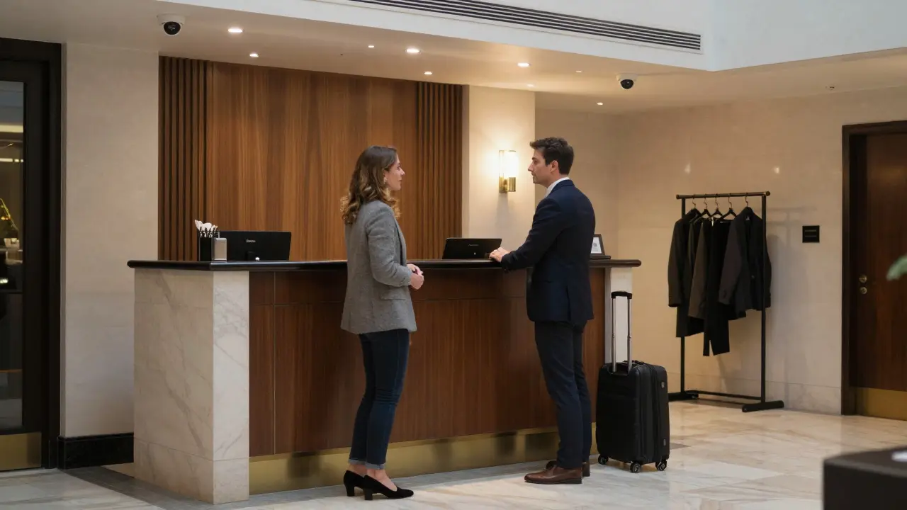 A man and woman meeting calmly in a secure hotel lobby in London, emphasizing safety, professionalism, and mutual respect.