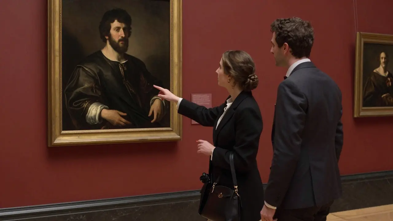 A man and woman standing together in a museum, examining a painting with quiet admiration.