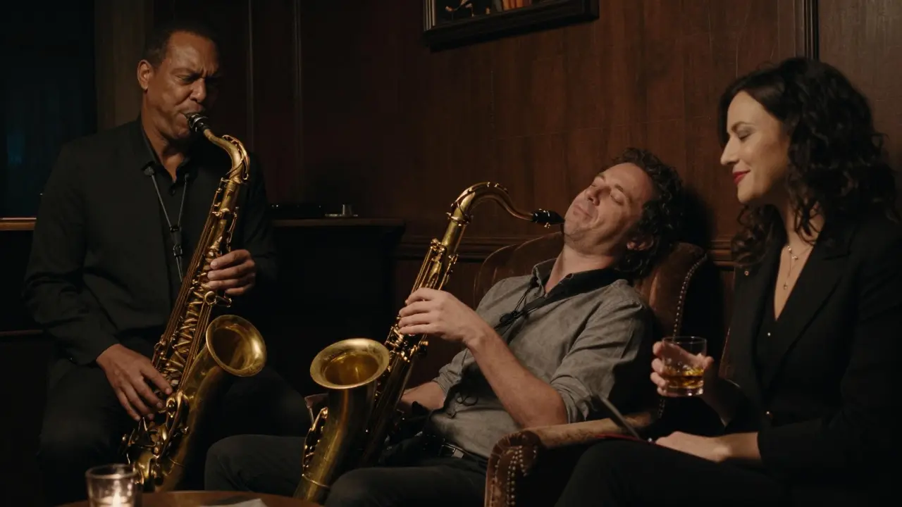 A person sitting alone in a cozy jazz club, listening to music with a companion nearby.