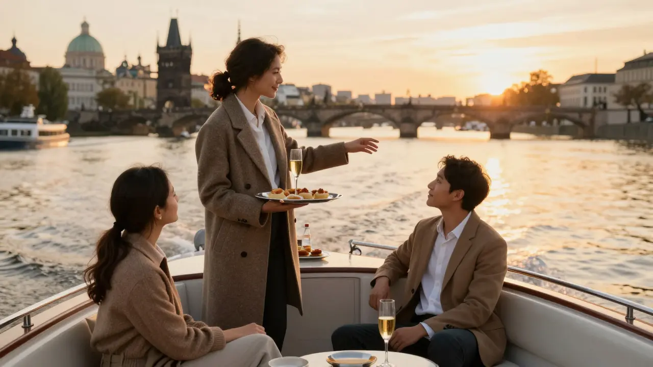 A private boat on the Spree River at sunset, serving champagne to a client with the Berlin skyline in the background.