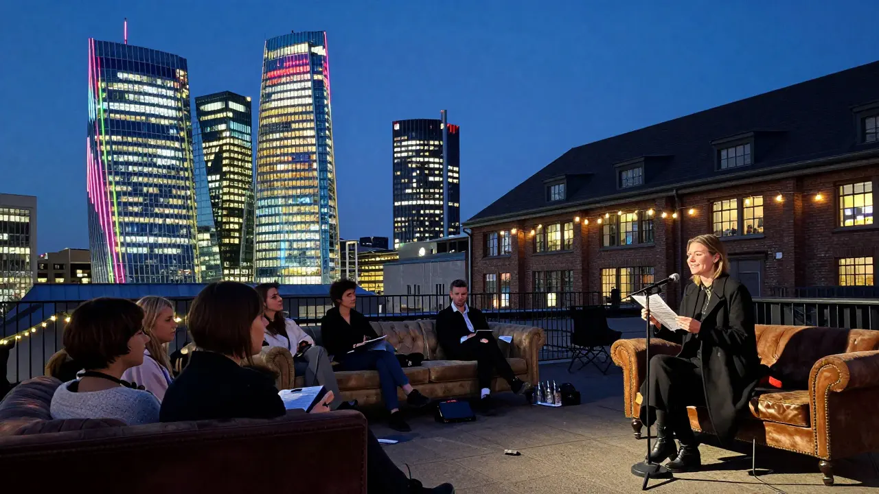A private poetry reading in a converted Berlin warehouse, guests seated under string lights as the city's skyline glows in twilight.