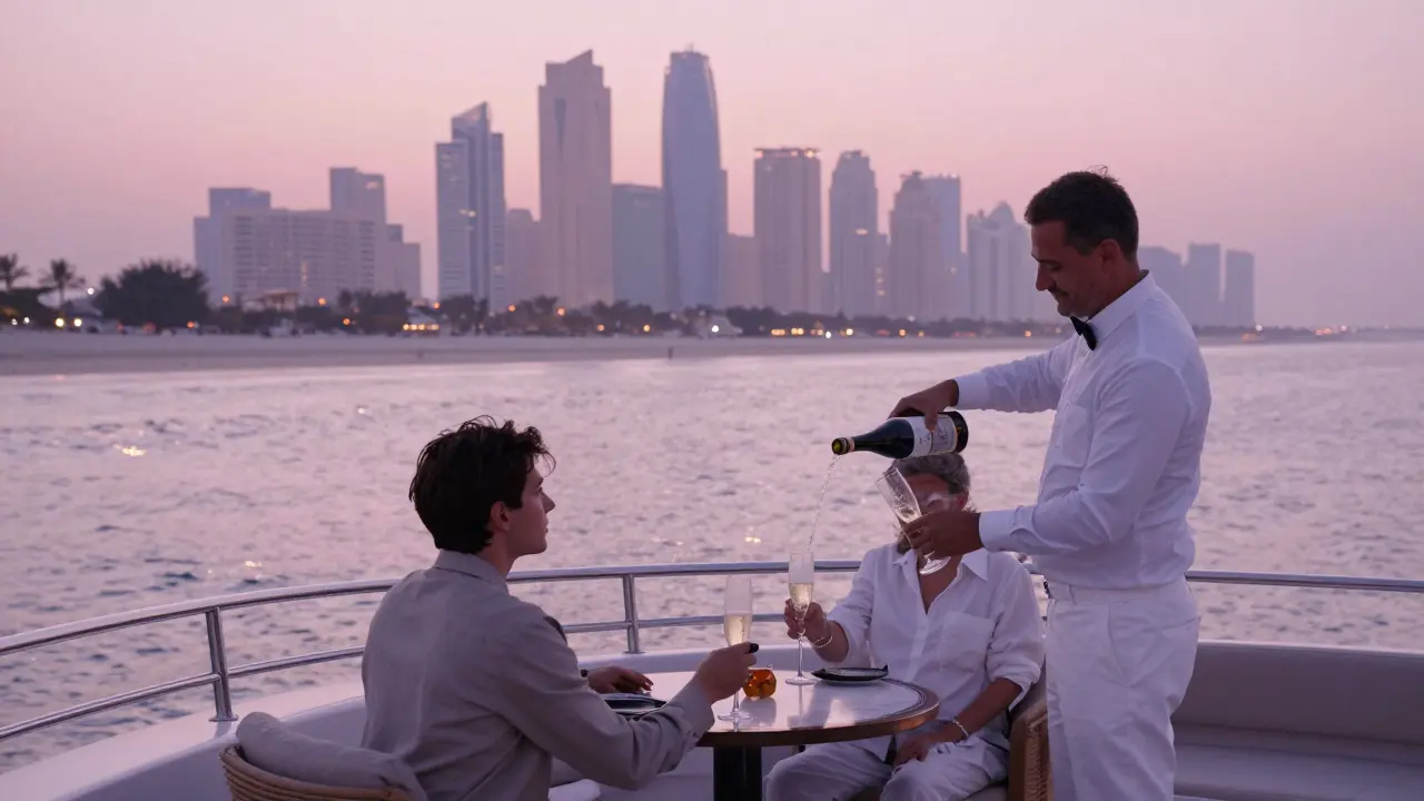 A private yacht at dawn off Jumeirah Beach, with champagne being poured as the city awakens in soft light.