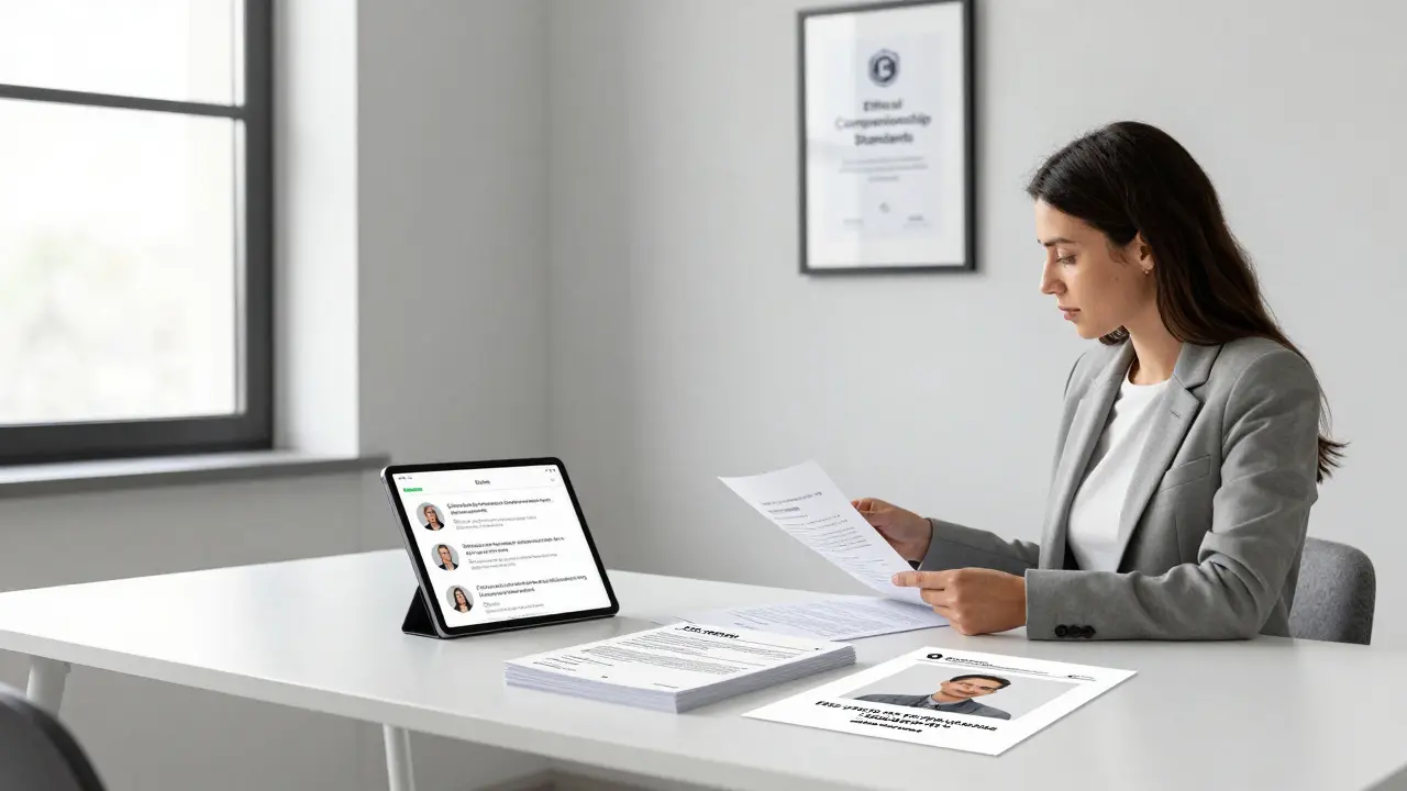 A professional agency office in Milan displays verified client profiles and ID documents on a minimalist desk.