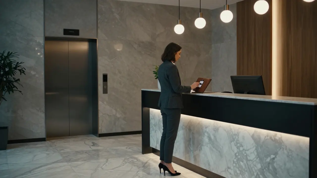 A professional woman checking into a luxury Berlin hotel under a pseudonym, discreet and composed.