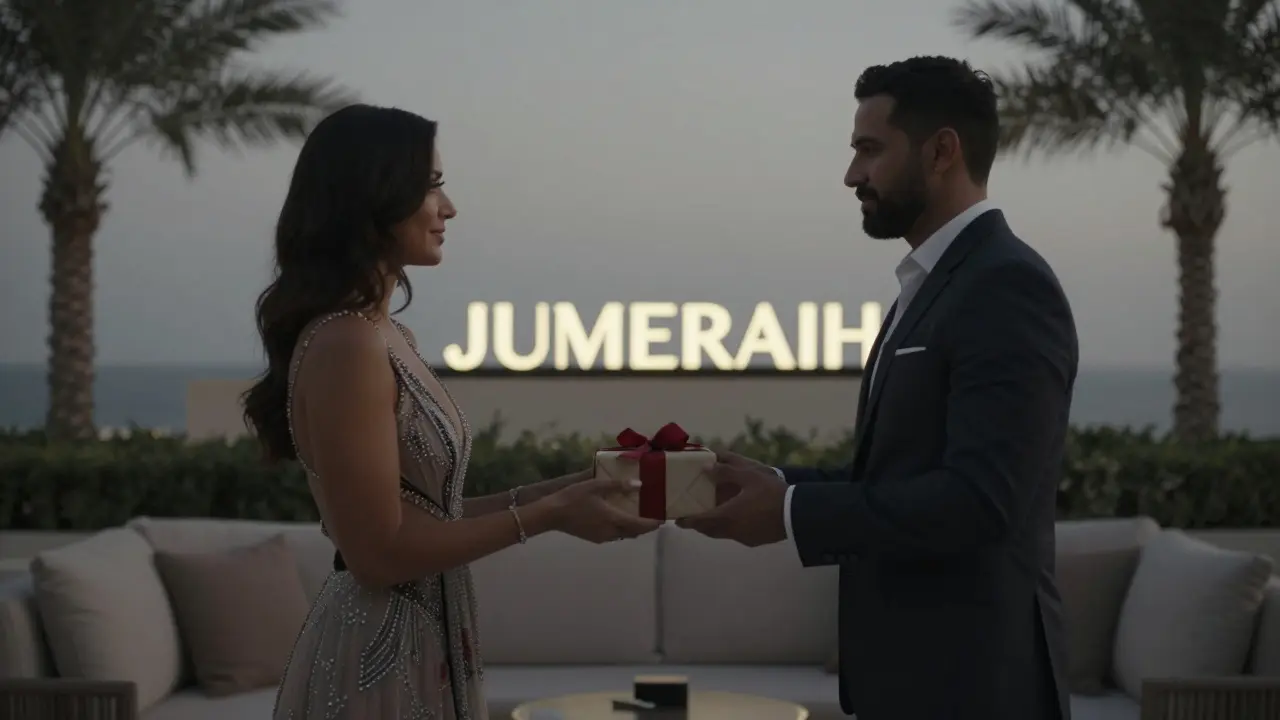 A quiet exchange of a gift between a man and woman outside an exclusive lounge at dusk.