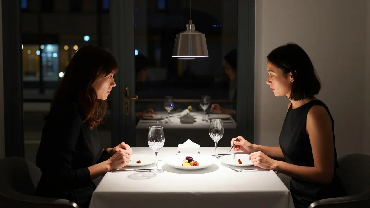A refined dinner for two in a private room at a Michelin-starred restaurant, with elegant table setting and no other guests.