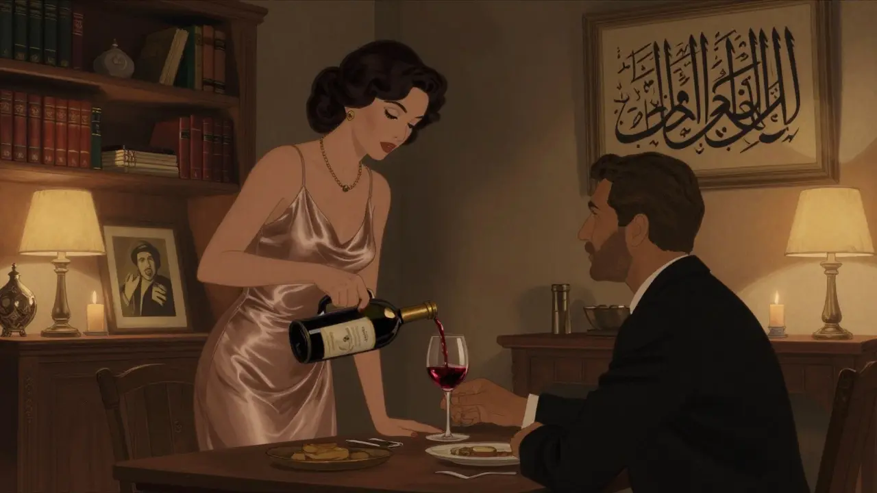 A refined woman pouring wine for a guest in a luxurious villa, warm ambient lighting and art-filled surroundings.