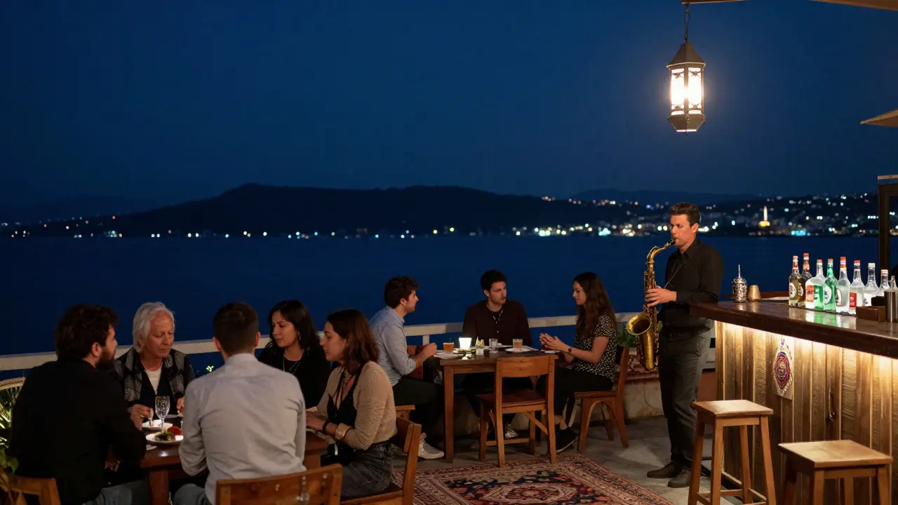 A rooftop jazz lounge in Cihangir at night with a saxophonist playing as the Bosphorus glimmers in the distance.