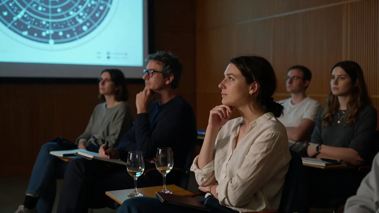 A small audience in a dimly lit science lecture hall, captivated by a star map projection.
