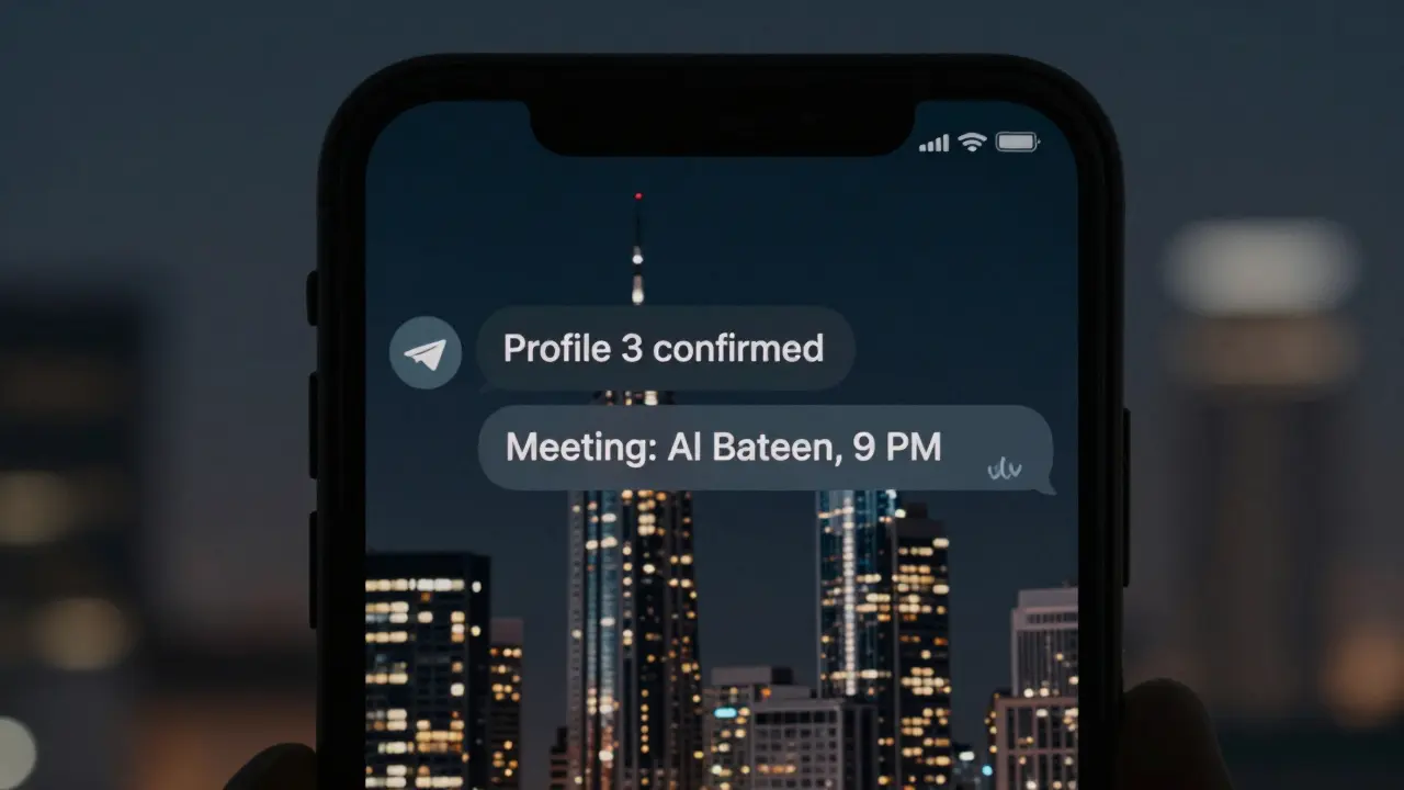 A smartphone screen showing encrypted messages about a meeting, with no identifiable details visible.