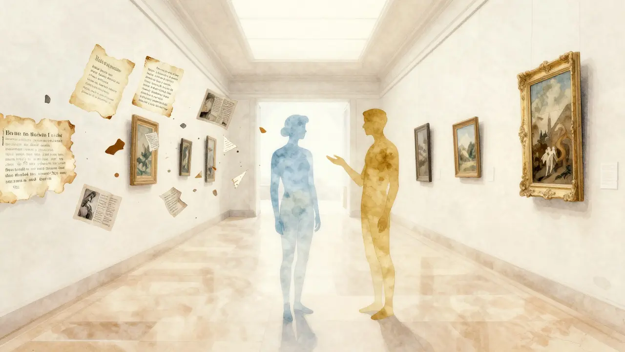 A solitary figure in a museum is gently accompanied by a transparent presence, symbolizing emotional connection.
