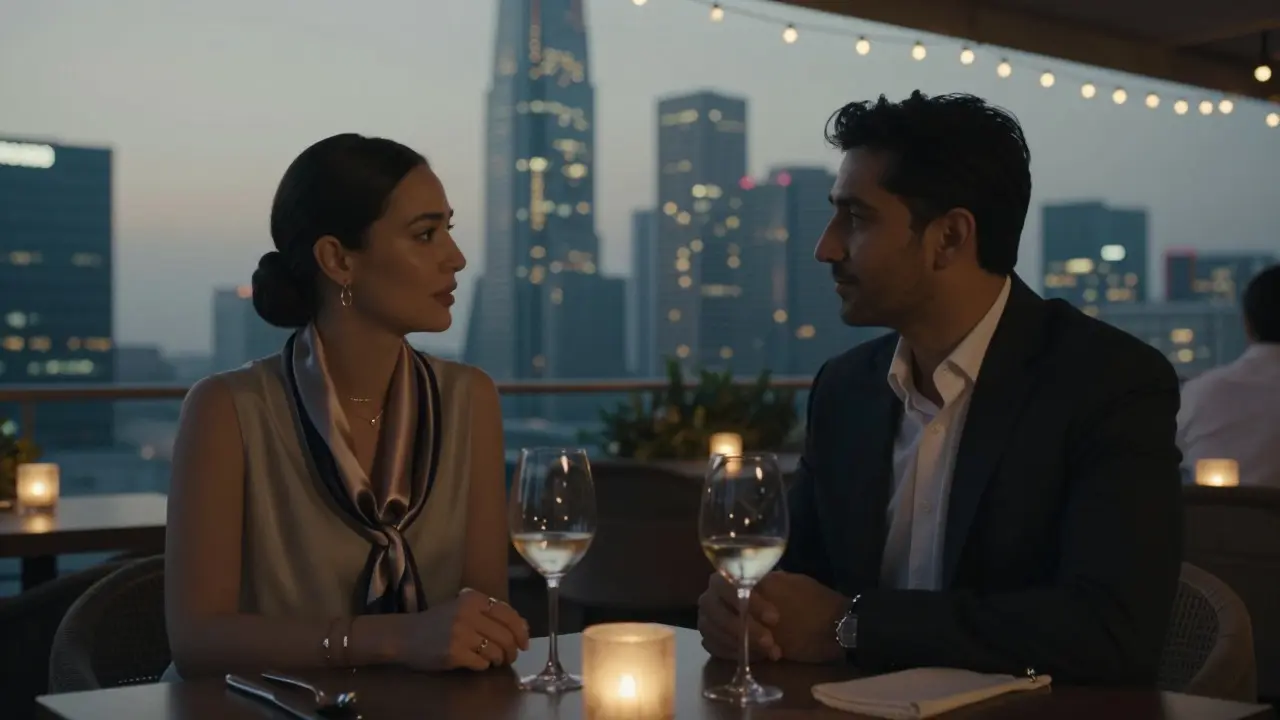 A sophisticated companion shares a quiet moment with a guest on a rooftop lounge, city lights glowing behind them.