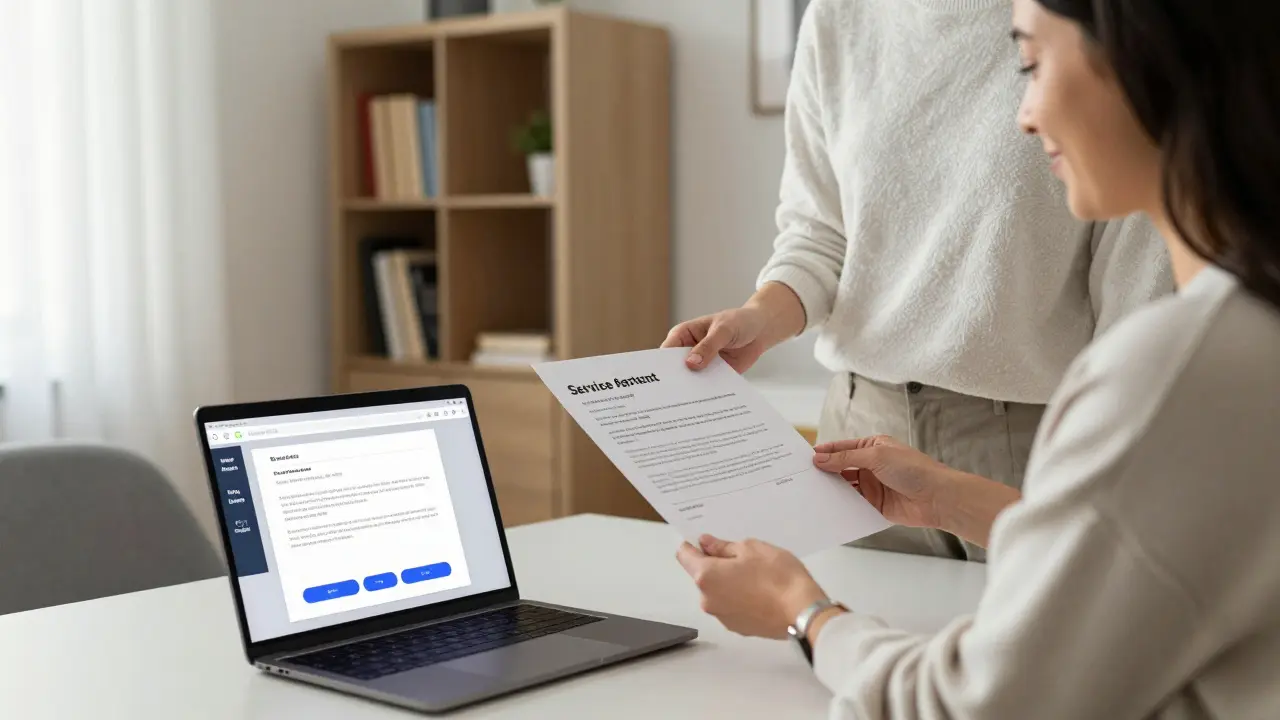 A woman handing a service agreement to a client in a minimalist Berlin apartment, calm and professional.