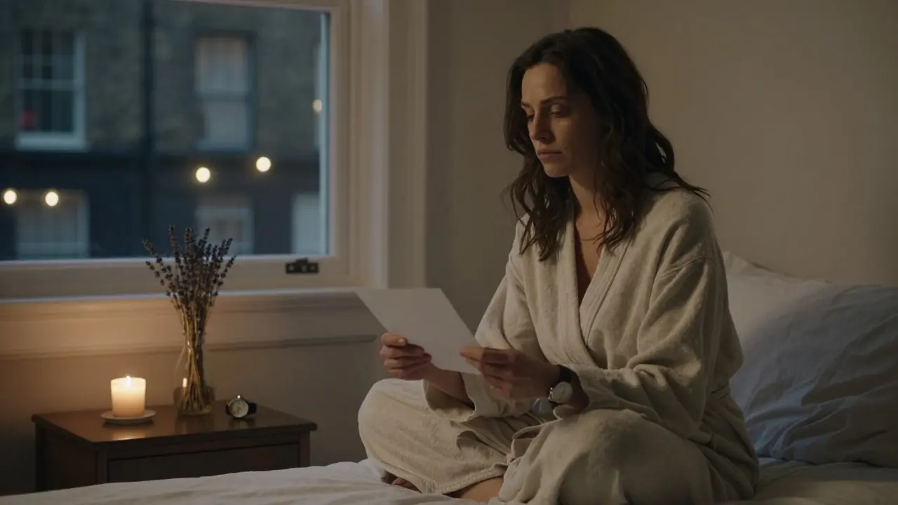 A woman holding a letter in her lap, surrounded by lavender and soft light in a London flat.