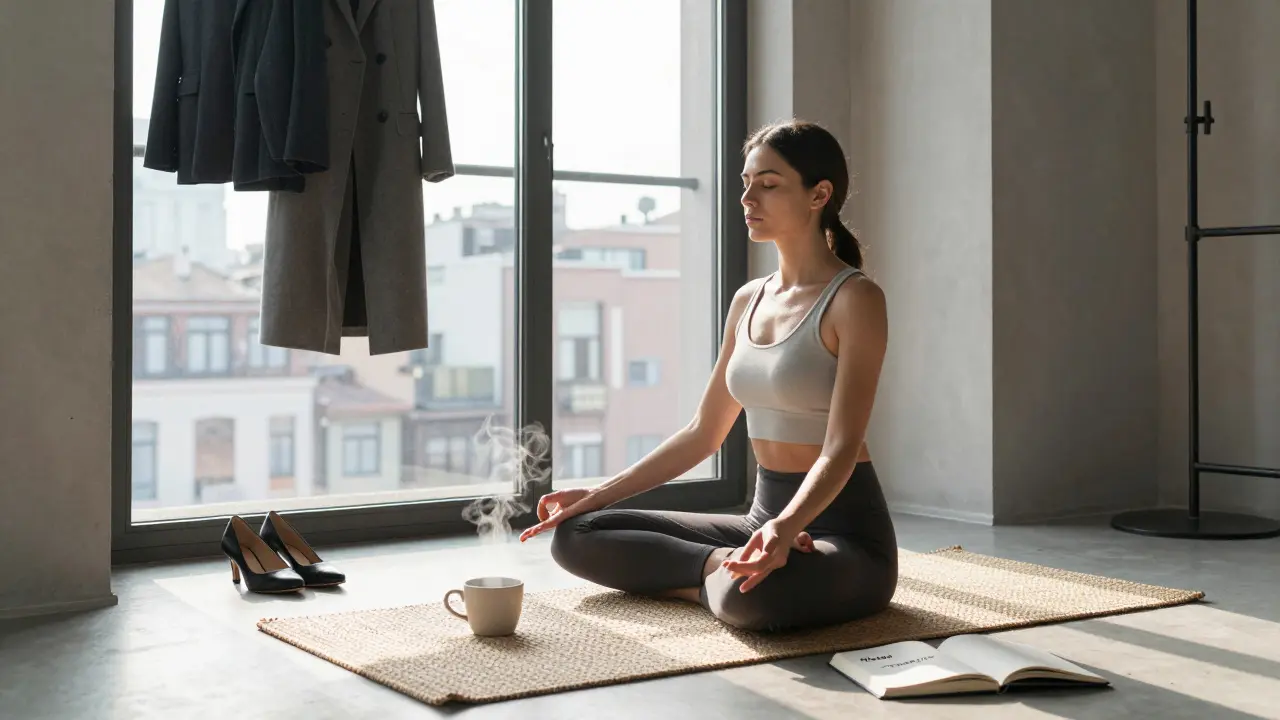 A woman meditates at dawn in a minimalist Milan loft, steam rising from a cup, shoes neatly placed nearby.