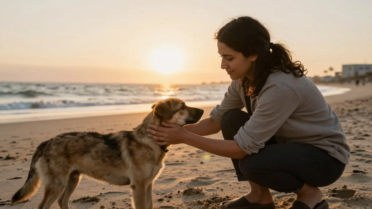 A woman volunteers at a seaside animal shelter, gently petting a dog as the sun sets behind her.