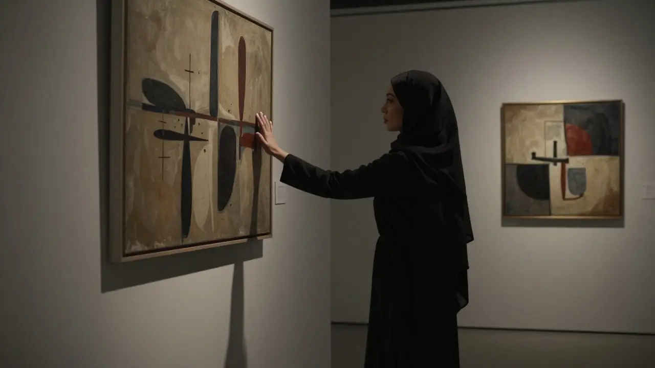 A woman walks thoughtfully through an art gallery, her silhouette illuminated by a single spotlight, surrounded by abstract paintings.