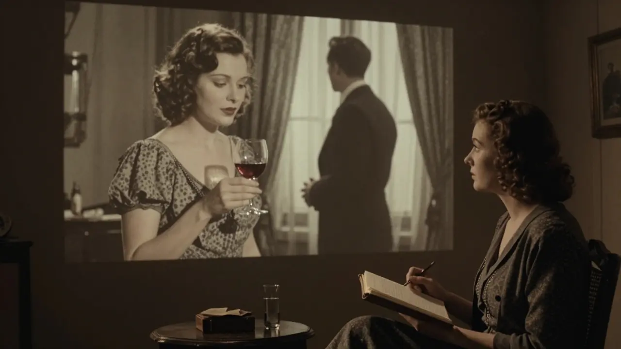 A woman watches silent 1930s Italian film clips on a wall, studying body language to understand unspoken tension.