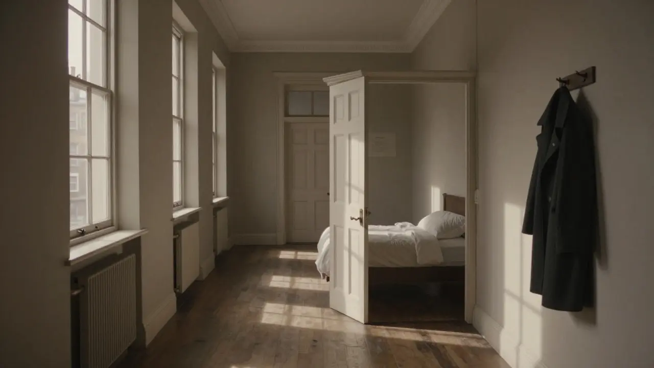 An empty hallway at dawn in a London home, a slightly ajar door hinting at a quiet human moment.