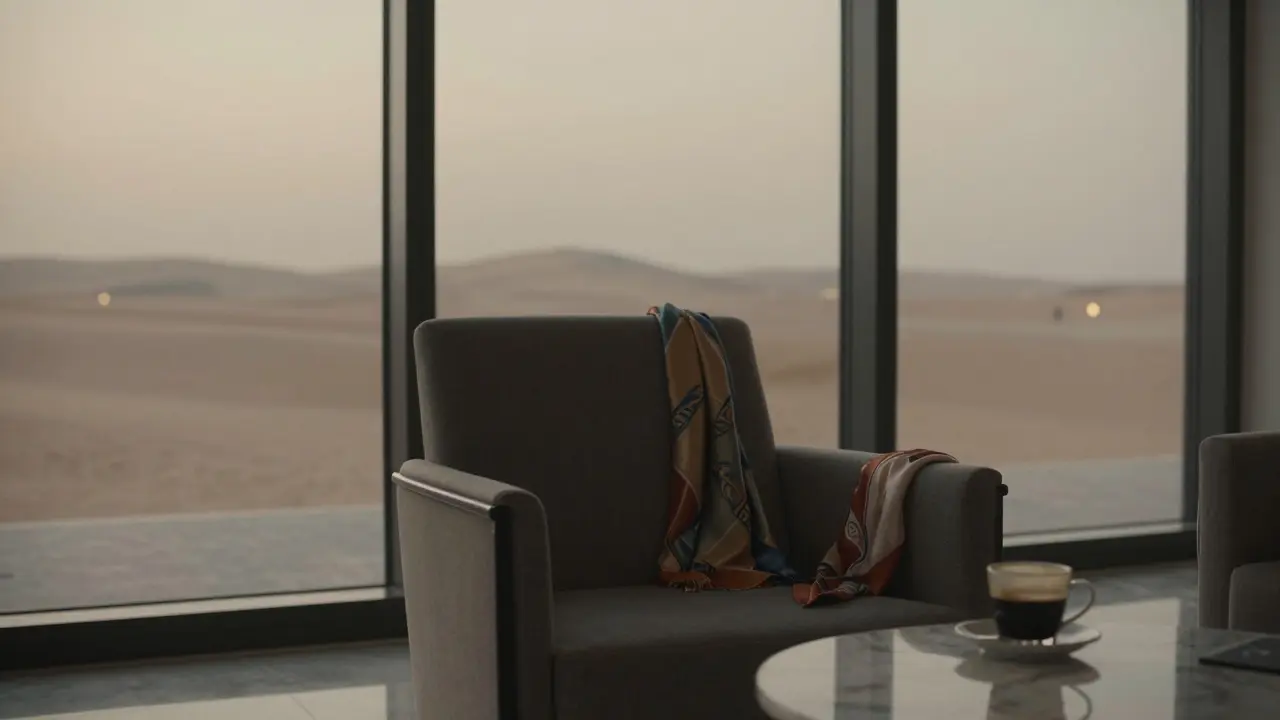 An empty luxury lounge at dawn, with signs of a recent, unspoken encounter and no people present.