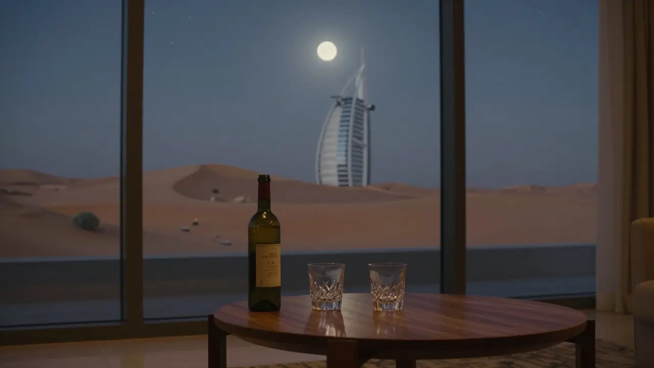 An empty penthouse suite in Dubai with wine glasses and a view of desert dunes under a starry sky.