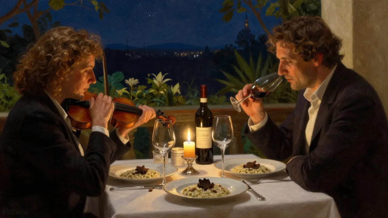 An intimate dinner under the stars in a private garden restaurant, candlelight reflecting on fine china and wine glasses.