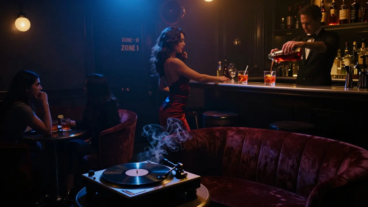 An underground Milan club at night with moody lighting and vinyl records playing in shadow.