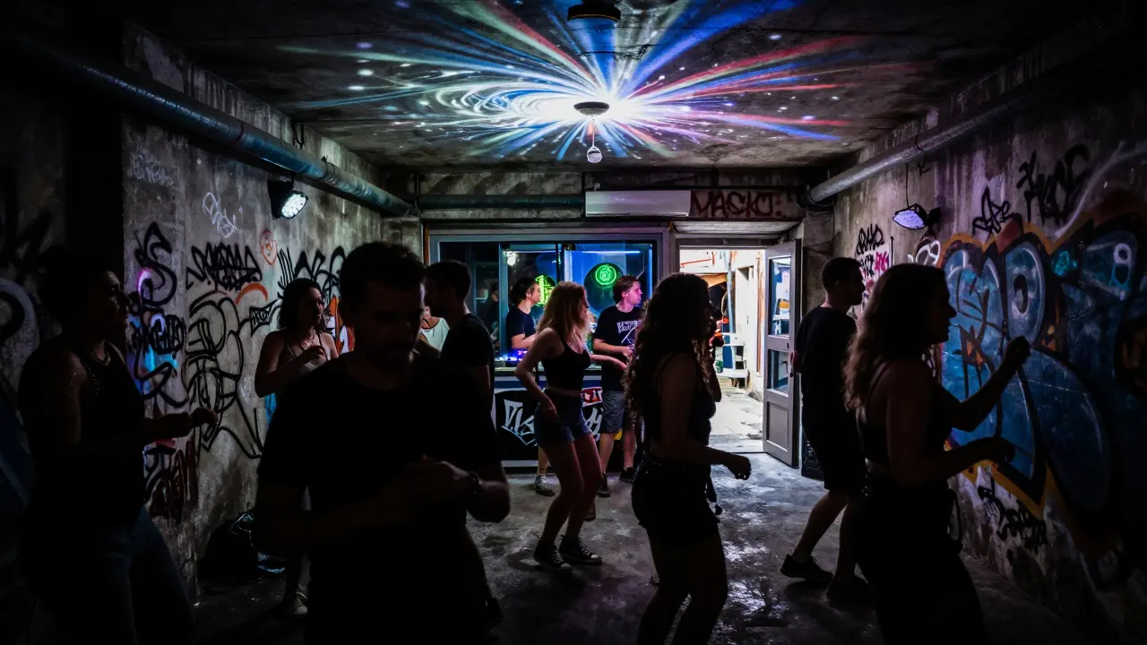 An underground warehouse party in Kadıköy with dancers, strobe lights, and projected visuals under exposed pipes.