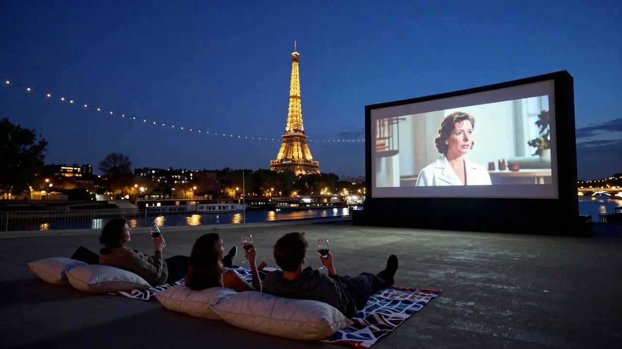 Couples watching a classic French film on a rooftop cinema under the stars, with the Eiffel Tower glowing in the distance.