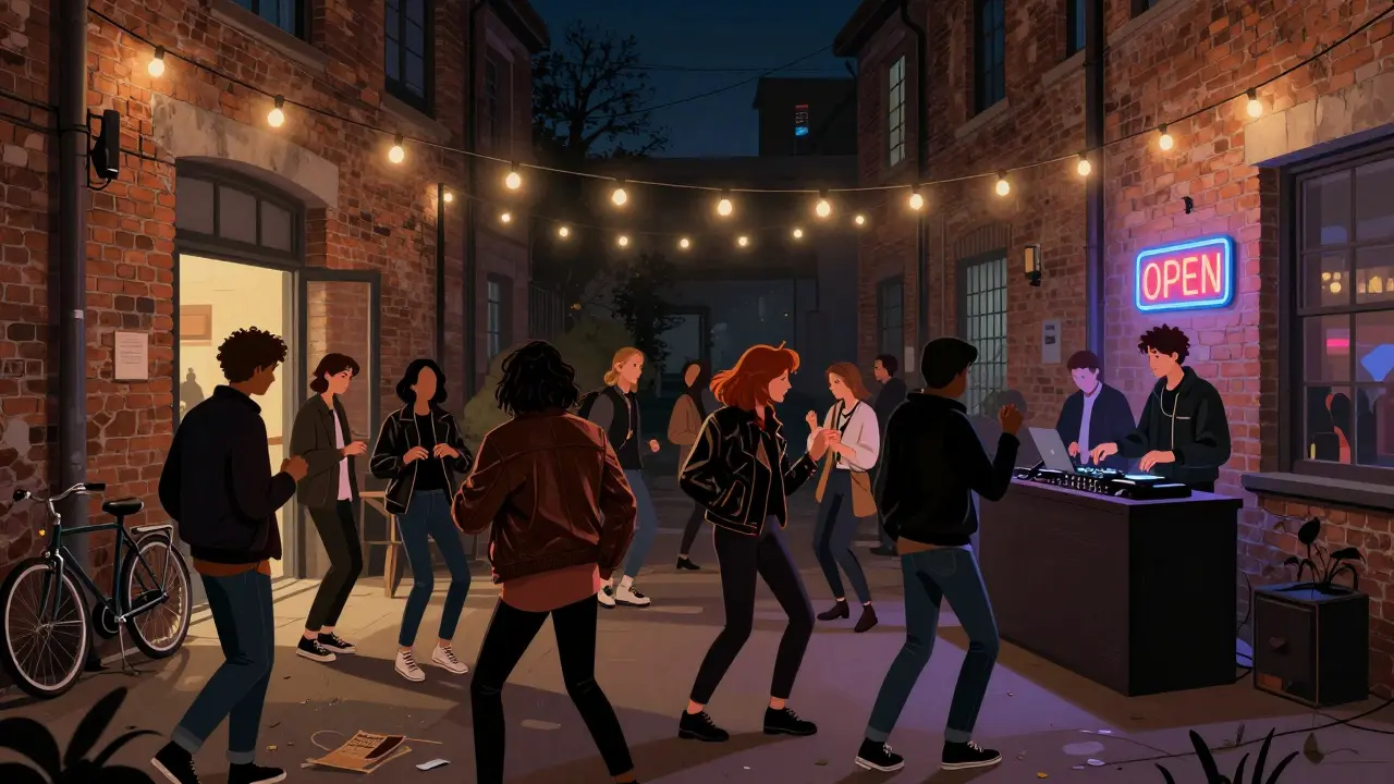 Dancers in a warehouse club called Bocconi under string lights, no bouncers, just music and movement.