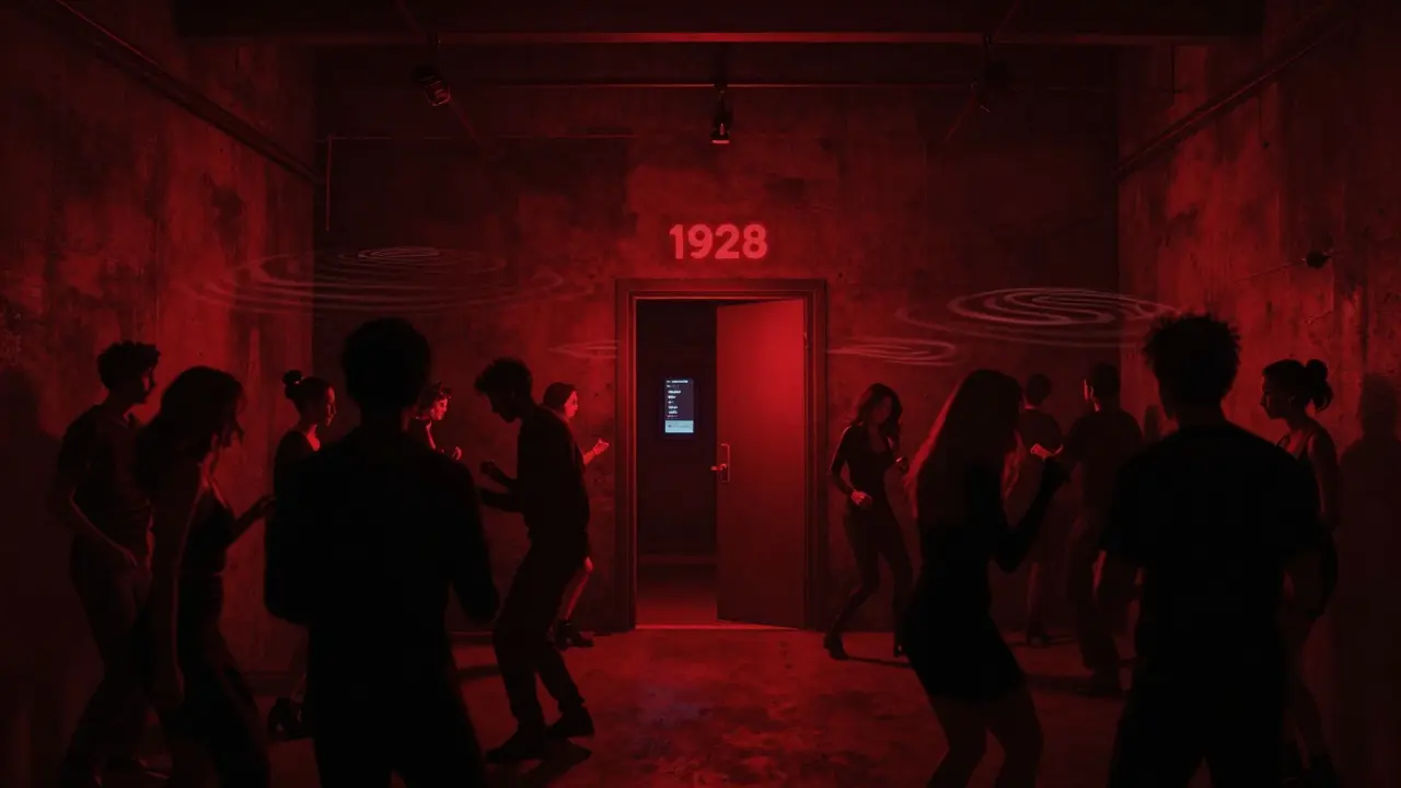 Dark underground club with pulsing music and a crowd dancing under red lights, no signs, just atmosphere.