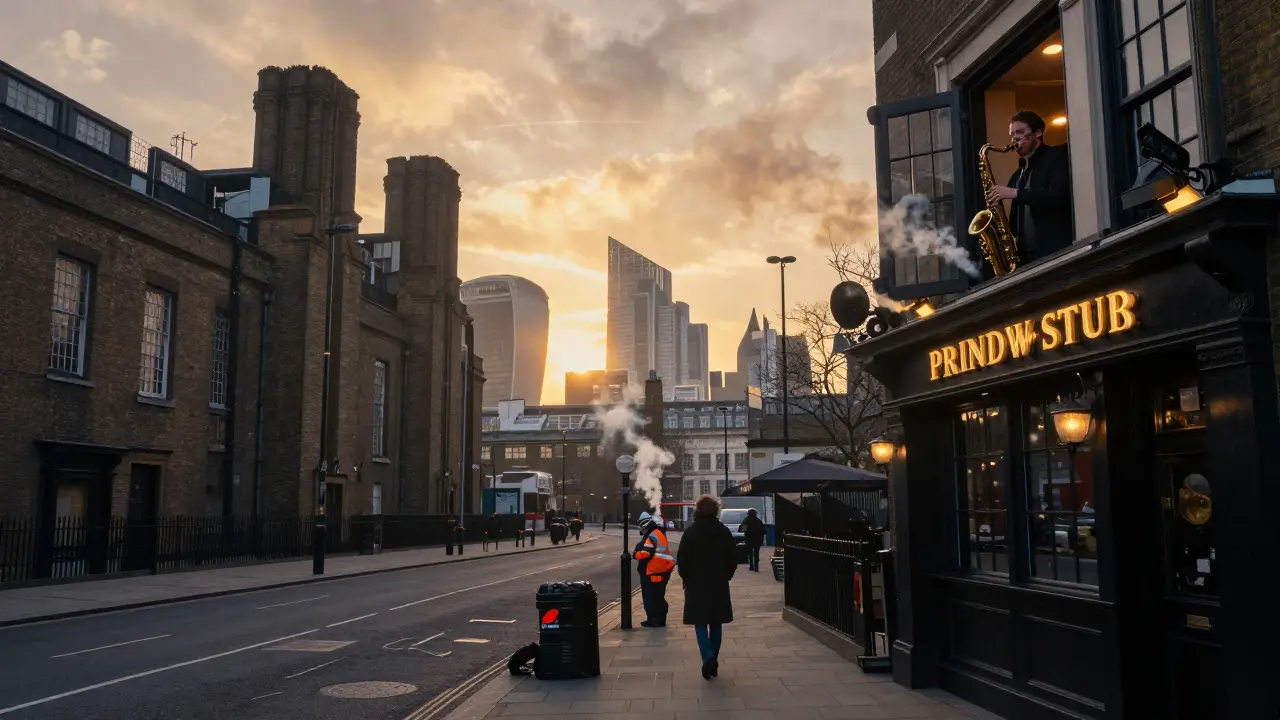 Dawn in London: a lone figure walks home as street cleaners sweep, a saxophone melody drifts from a pub window.
