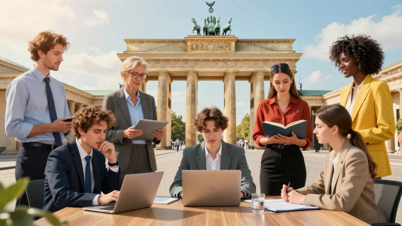 Diverse Berlin escorts of all genders and ages in professional office.