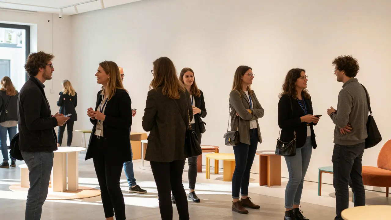 Diverse group socializing at Milan Design Week exhibition