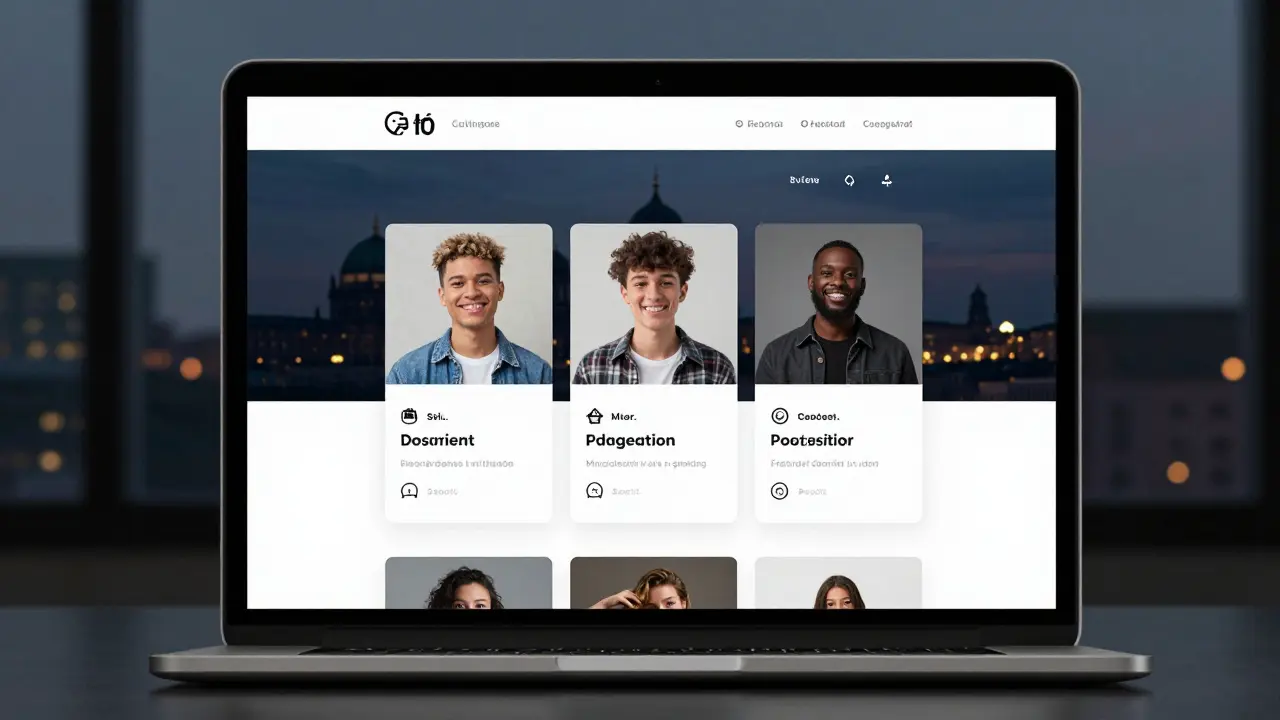 Diverse profiles of escort workers displayed on a laptop screen, reflecting Berlin’s city lights at dusk.