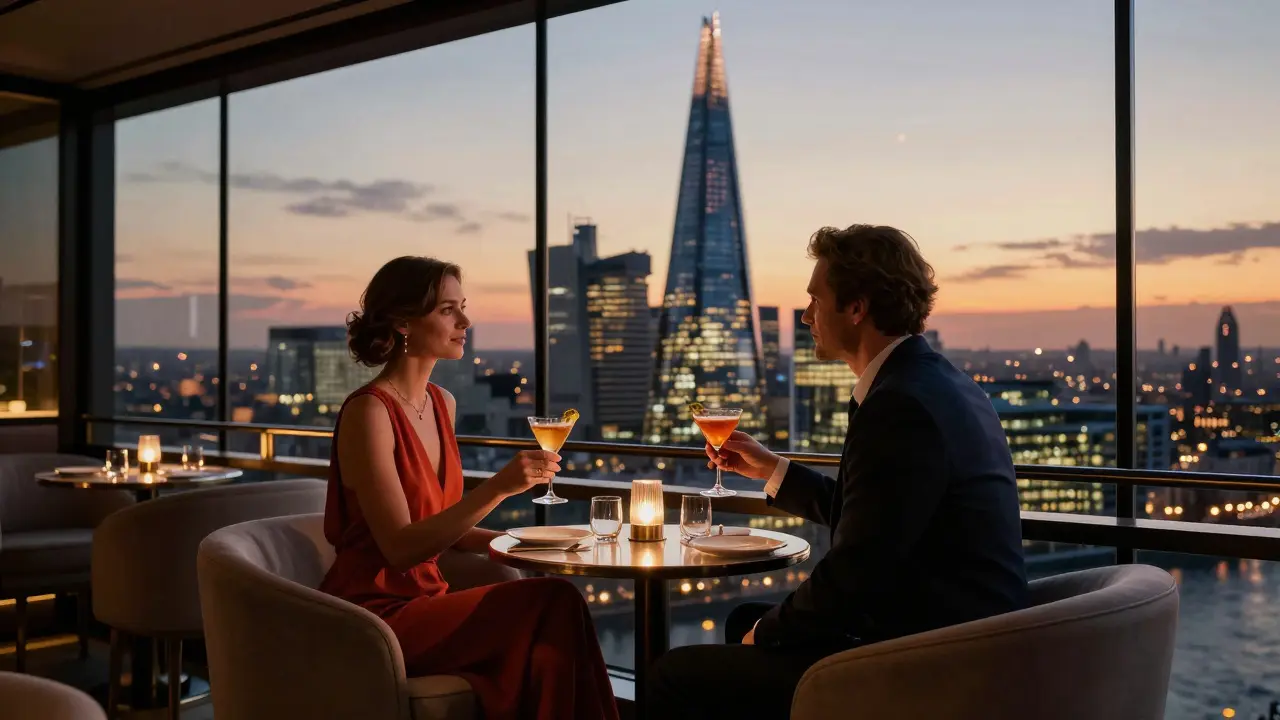 Elegant couple at The Shard's G Bar with panoramic sunset views.