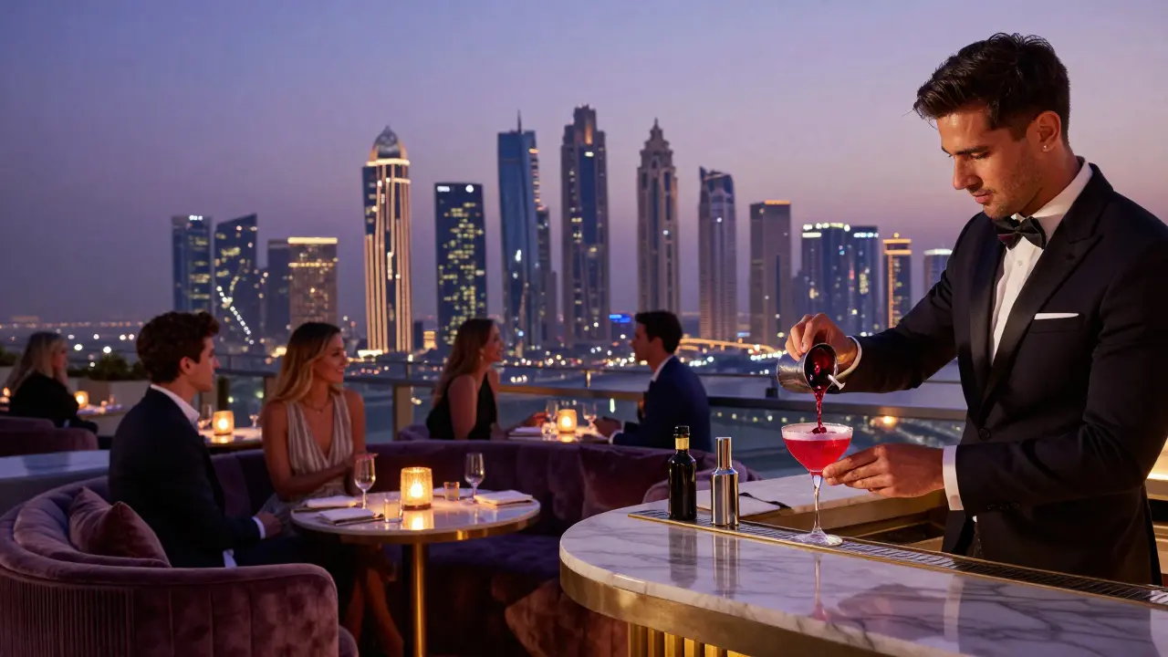 Elegant rooftop bar at twilight with candlelit tables and city skyline view.