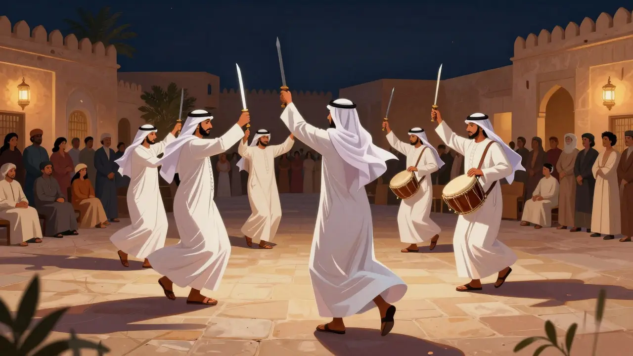 Emirati dancers performing Yowlah with swords and drums under lantern light in a historic courtyard.