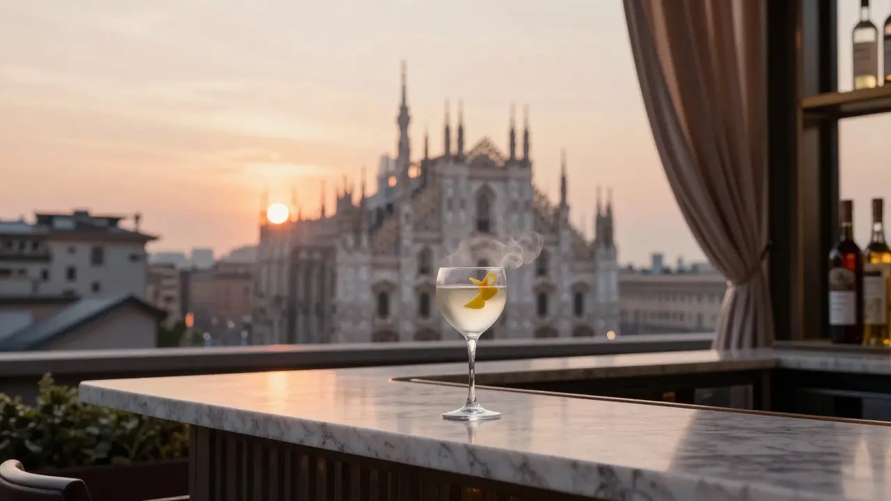 Empty rooftop bar at dawn with a cocktail glass and Milan skyline glowing in soft morning light.