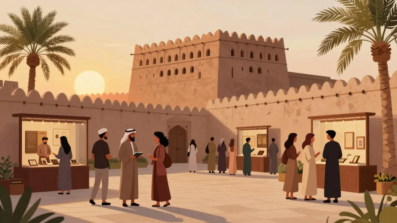 Group enjoying cultural event at Qasr Al Hosn fort at sunset