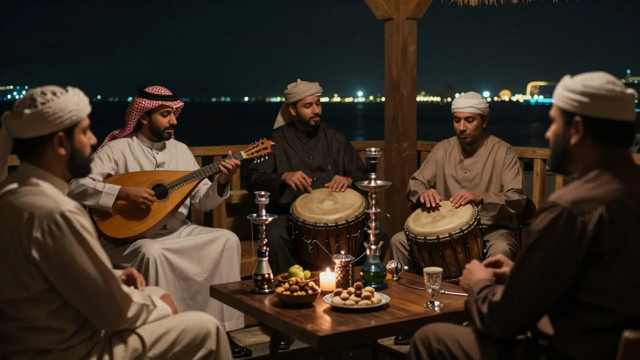 Hidden Arabic jazz lounge in Jumeirah with live music and shisha under starlit skies.