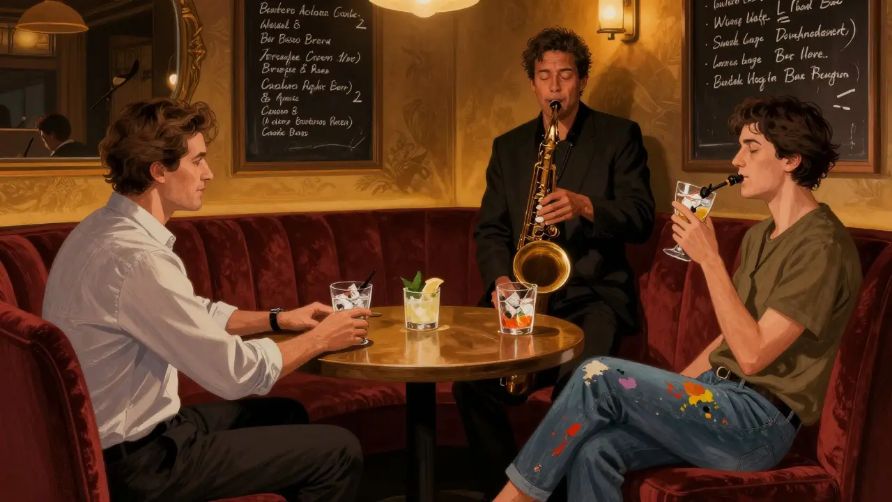 Intimate jazz bar scene in Brera with a saxophonist playing, patrons in casual elegance sipping gin and tonics under soft amber lighting.