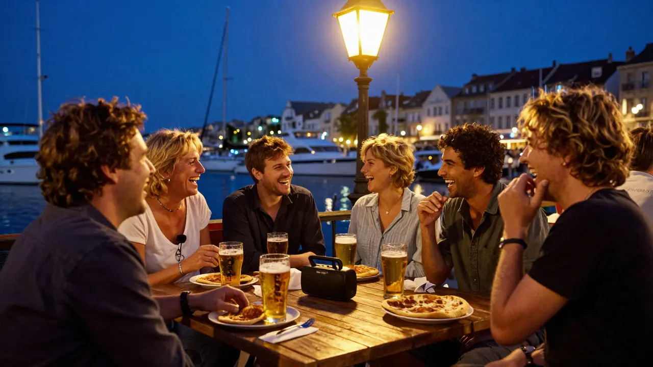 Locals laughing at Bar du Port with lagers and socca, yachts glowing in the background at night.