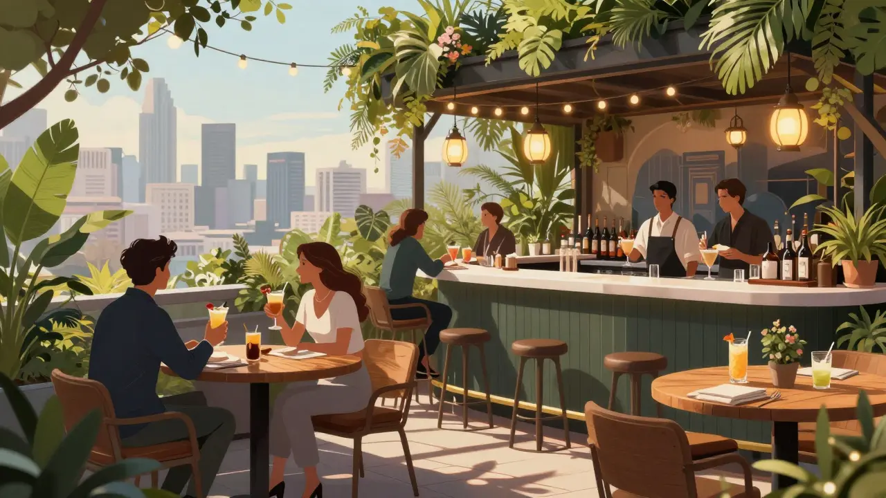 Lush rooftop garden with guests enjoying cocktails and city views.