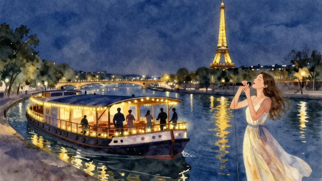 People singing on a lit barge along the Seine at night, with the Eiffel Tower glowing in the distance.