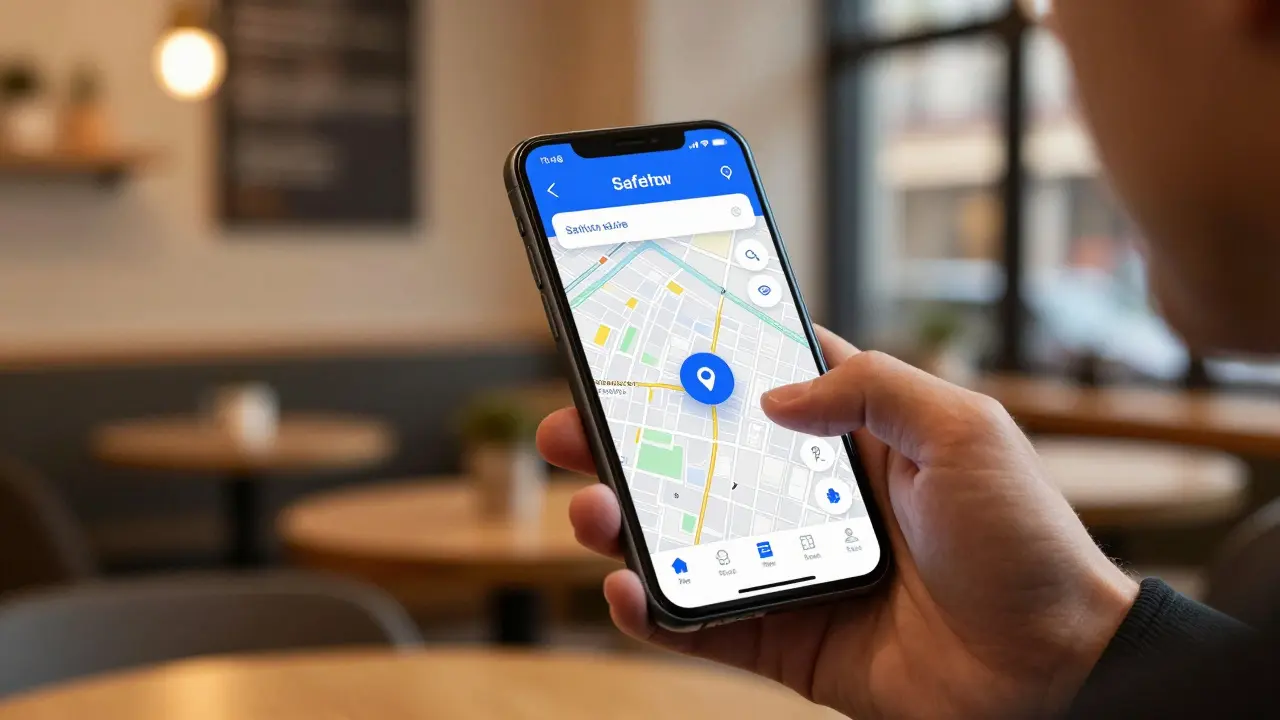 Person using safety app on phone in café, location sharing.